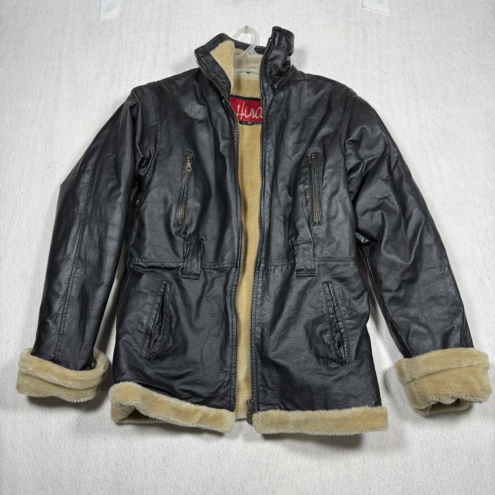 Hind Leather Mens Black Faux Fur Lined Pilot Jacket Large Vintage Zipper Repair